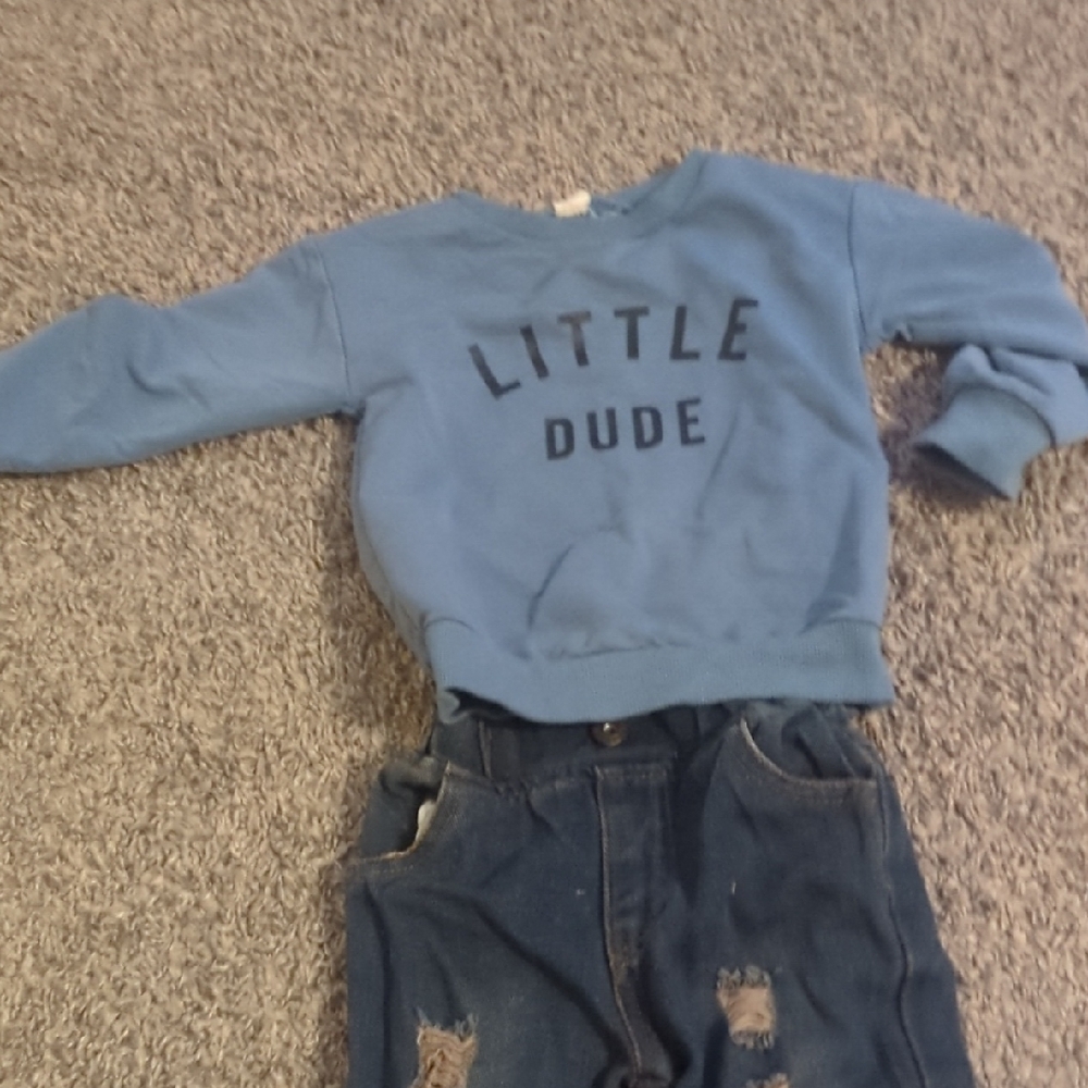 Casual Blue 'Little Dude' Sweatshirt and Jeans Set